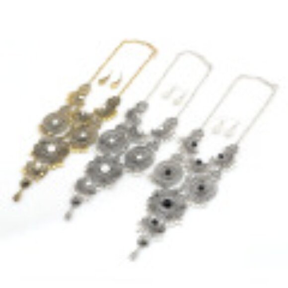 #044 Vintage Long Tassel Shaped Gemstone Necklace Sweater Chain with Earrings - Picture 2 of 3